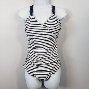 Kona Sol Shirred Macrame One Piece Swimsuit Navy/White Stripe Size Medium /B12